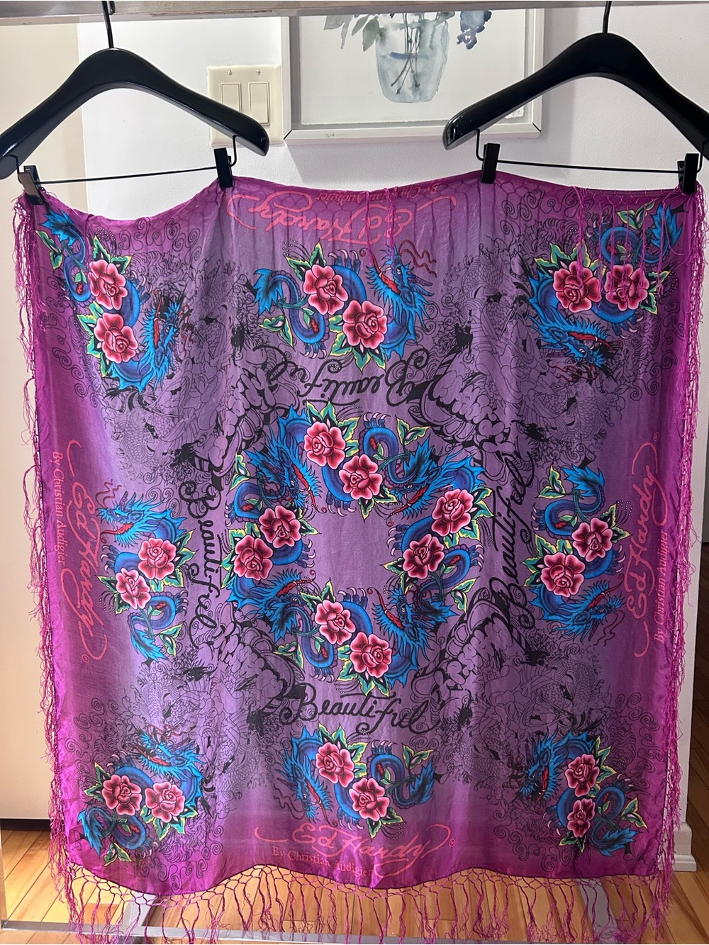 Authentic Vintage Ed Hardy by Christian Audigier silk fringe scarf/wrap